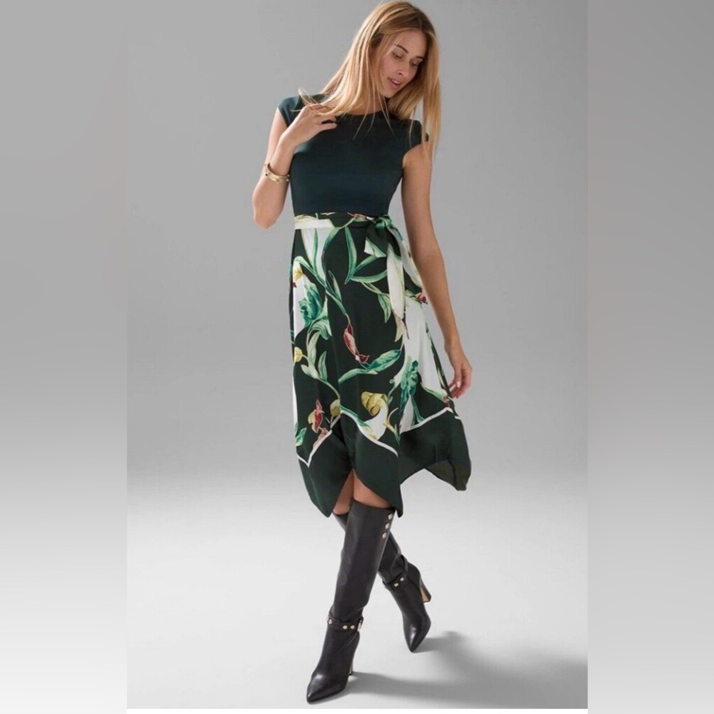 White House Black Market EUC Midi Dress, Dk Green Floral Handkerchief Hem Size 2